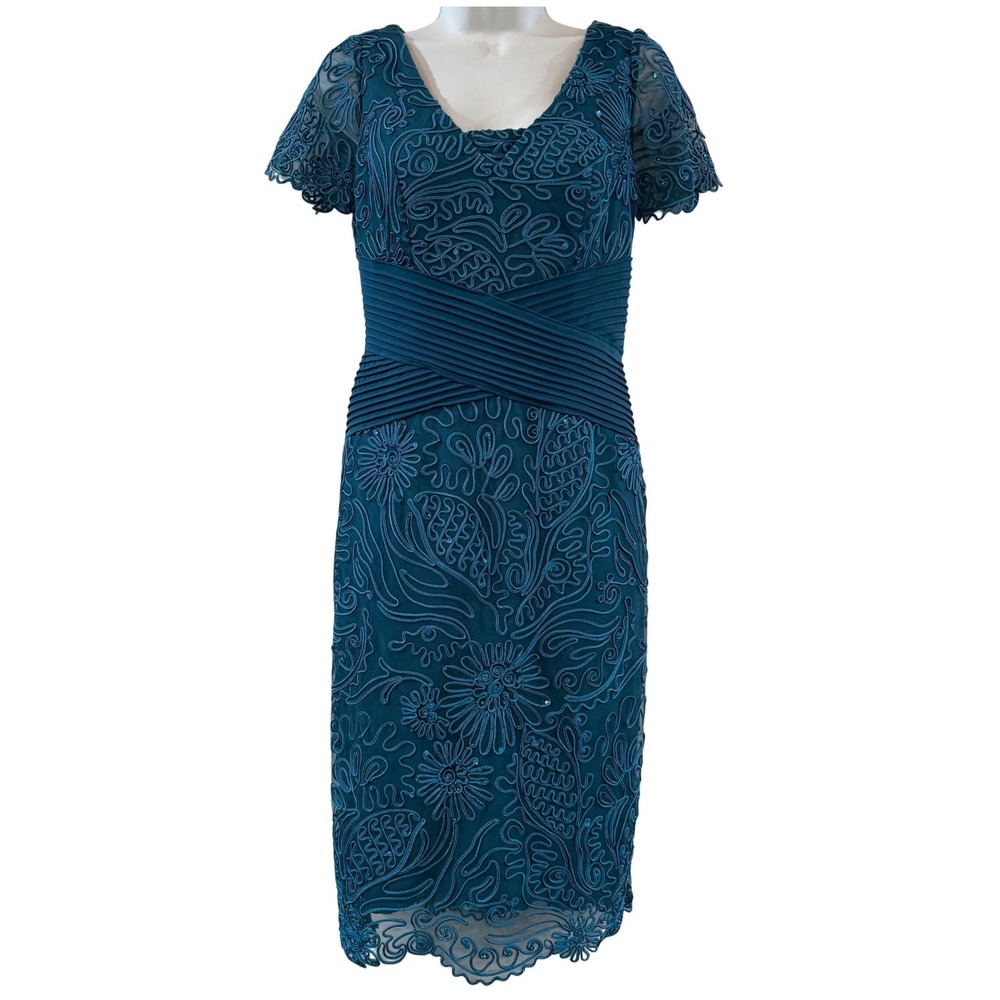 Vintage mother of the brideTeal Blue Embroidered Soutache Lace Cocktail Dress 4